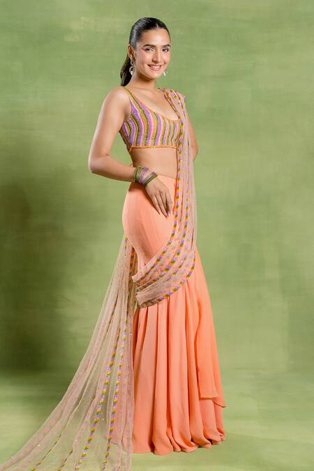 Tuhina Srivastava_Peach Georgette, Tulle, Silk, Velvet Embroidery Mermaid Saree And Blouse Set _at_Aza_Fashions