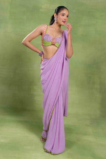 Tuhina Srivastava_Lilac Georgette, Silk Sequins, Zari, Pre-draped Saree And Embellished Blouse Set _Online_at_Aza_Fashions