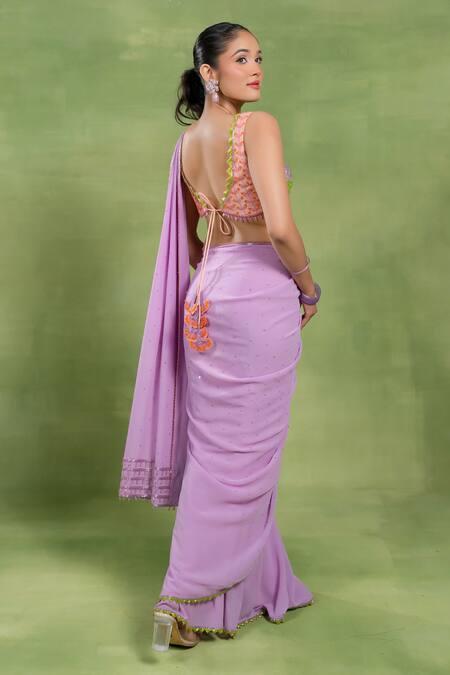 Shop_Tuhina Srivastava_Lilac Georgette, Silk Sequins, Zari, Pre-draped Saree And Embellished Blouse Set _Online_at_Aza_Fashions