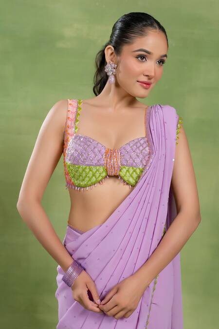 Tuhina Srivastava_Lilac Georgette, Silk Sequins, Zari, Pre-draped Saree And Embellished Blouse Set _at_Aza_Fashions