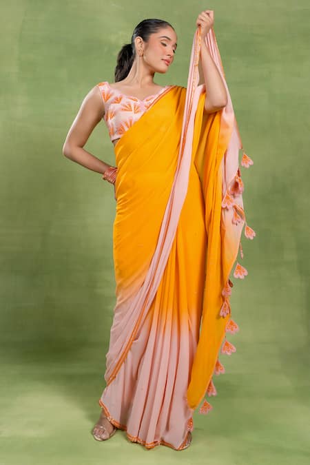 Tuhina Srivastava_Yellow Georgette, Silk Beads, Tassels, Embroidery Ombre Saree With Blouse _Online_at_Aza_Fashions