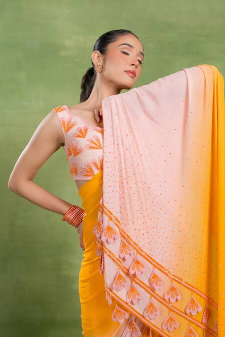 Tuhina Srivastava_Yellow Georgette, Silk Beads, Tassels, Embroidery Ombre Saree With Blouse _at_Aza_Fashions
