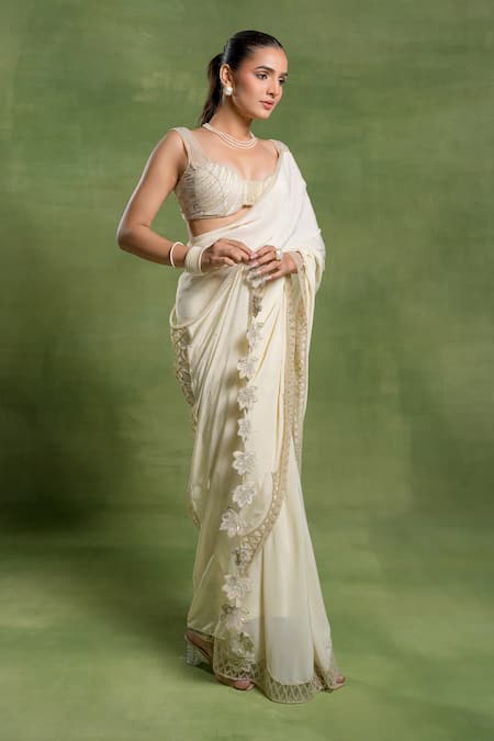 Shop_Tuhina Srivastava_Off White Crepe, Silk, Velvet, Net Zari, Embroidery Sweetheart Saree With Blouse _Online_at_Aza_Fashions