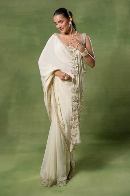Tuhina Srivastava_Off White Crepe, Silk, Velvet, Net Zari, Embroidery Sweetheart Saree With Blouse _at_Aza_Fashions