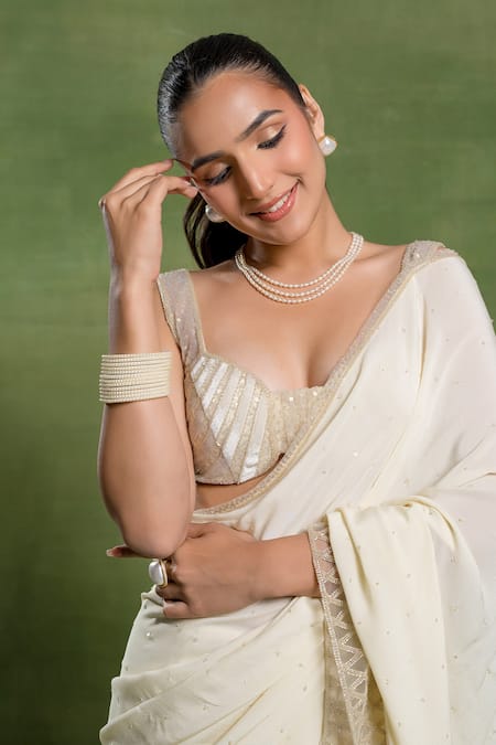 Buy_Tuhina Srivastava_Off White Crepe, Silk, Velvet, Net Zari, Embroidery Sweetheart Saree With Blouse 
