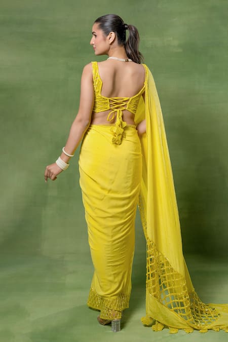 Tuhina Srivastava Jaal & Tassels Silk Crepe Saree With Blouse 