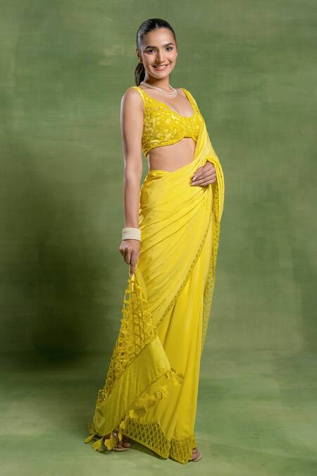 Tuhina Srivastava_Yellow Crepe, Silk, Velvet, Net Tassels, Zari, Jaal And Saree With Blouse _Online_at_Aza_Fashions