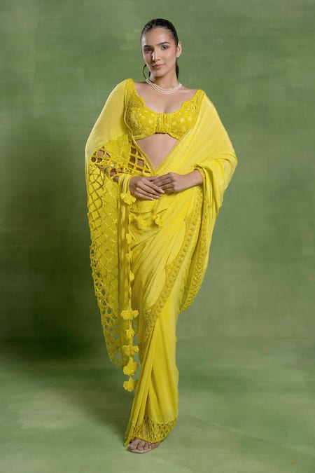 Buy_Tuhina Srivastava_Yellow Crepe, Silk, Velvet, Net Tassels, Zari, Jaal And Saree With Blouse _Online_at_Aza_Fashions