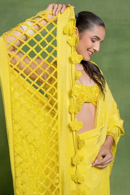 Shop_Tuhina Srivastava_Yellow Crepe, Silk, Velvet, Net Tassels, Zari, Jaal And Saree With Blouse _Online_at_Aza_Fashions