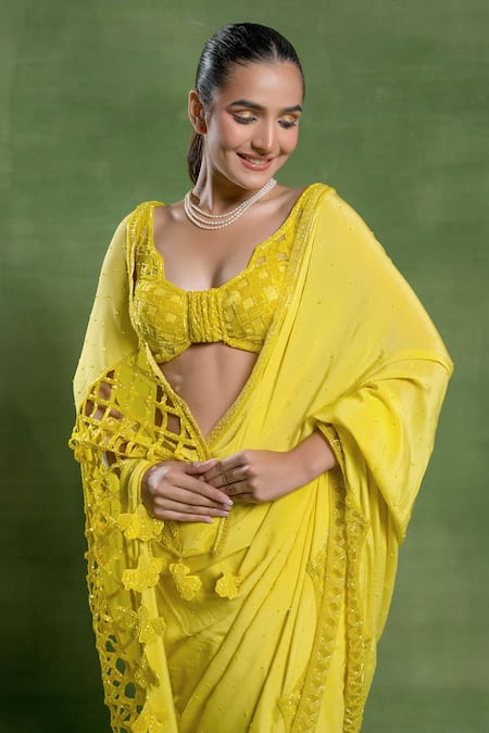 Buy_Tuhina Srivastava_Yellow Crepe, Silk, Velvet, Net Tassels, Zari, Jaal And Saree With Blouse 
