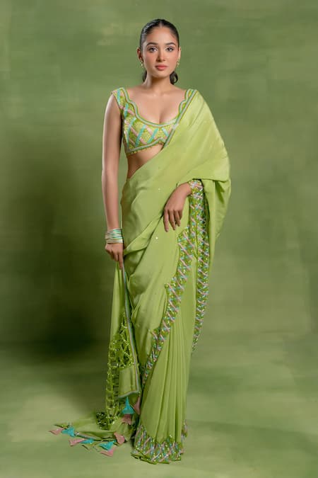Tuhina Srivastava Parrot Green Jaal Saree & Embroidered Blouse Set 