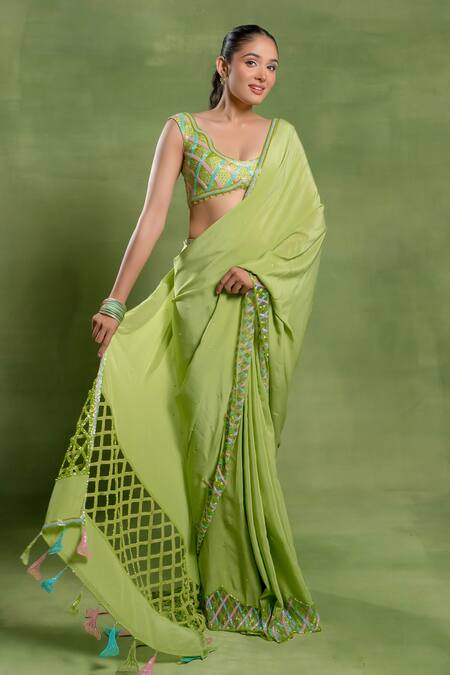 Shop_Tuhina Srivastava_Green Silk, Crepe Embroidery, Sequins, Zari, Parrot Jaal Saree And Blouse Set _Online_at_Aza_Fashions