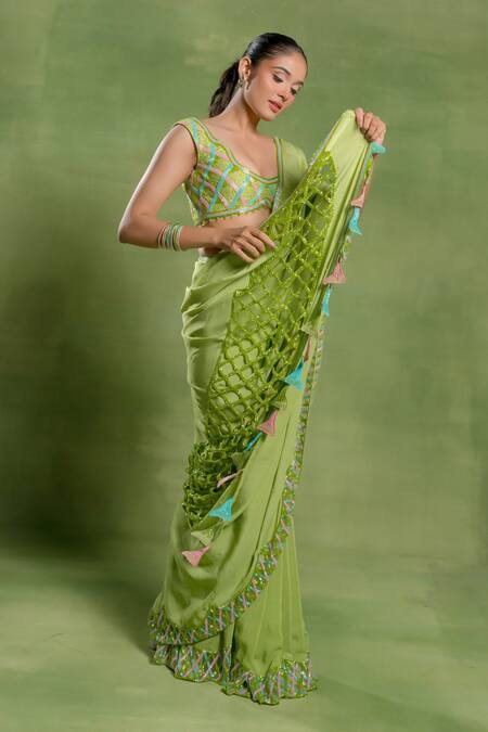 Tuhina Srivastava_Green Silk, Crepe Embroidery, Sequins, Zari, Parrot Jaal Saree And Blouse Set _at_Aza_Fashions