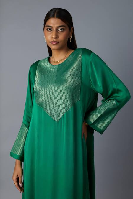 Buy_Vasstram_Green Modal, Satin, Silk Zari, Embroidery Round Rasna Banarasi Kurta And Pant Set _Online_at_Aza_Fashions