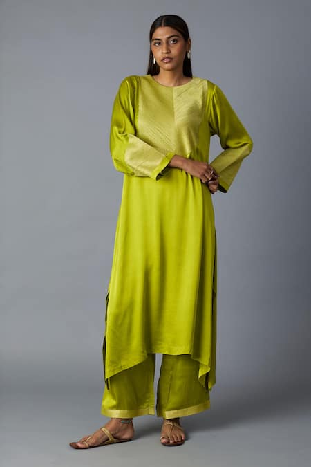 Vasstram_Lime Modal, Satin, Silk Zari Round Neck Rasna Banarasi Kurta And Pant Set _Online_at_Aza_Fashions