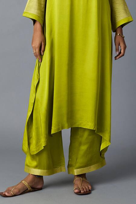 Buy_Vasstram_Lime Modal, Satin, Silk Zari Round Neck Rasna Banarasi Kurta And Pant Set _Online_at_Aza_Fashions