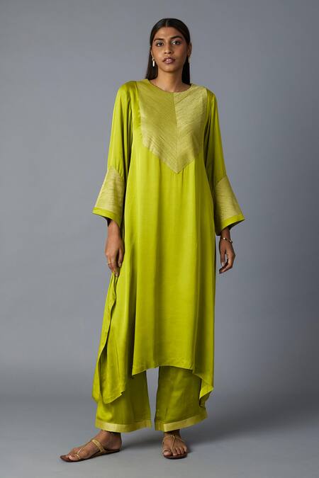 Shop_Vasstram_Lime Modal, Satin, Silk Zari Round Neck Rasna Banarasi Kurta And Pant Set _Online_at_Aza_Fashions