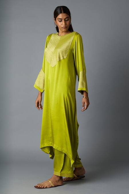 Vasstram_Lime Modal, Satin, Silk Zari Round Neck Rasna Banarasi Kurta And Pant Set _at_Aza_Fashions