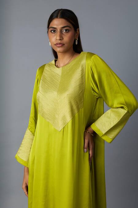 Buy_Vasstram_Lime Modal, Satin, Silk Zari Round Neck Rasna Banarasi Kurta And Pant Set 