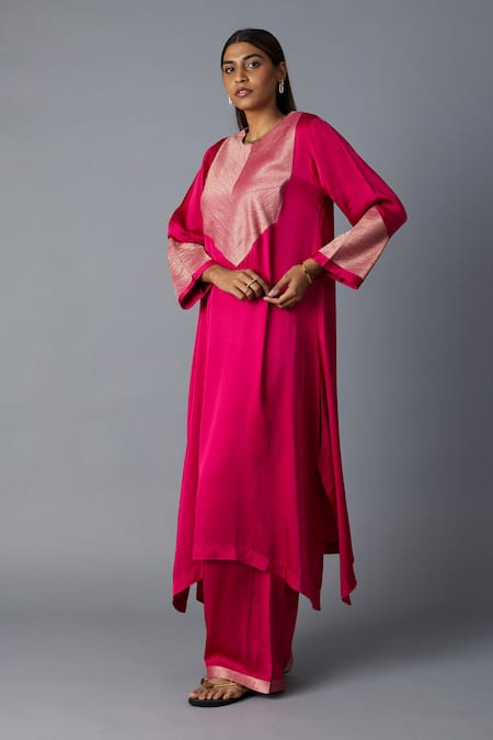 Buy_Vasstram_Pink Modal, Satin, Silk Zari Round Neck Rasna Banarasi Kurta And Pant Set _Online_at_Aza_Fashions