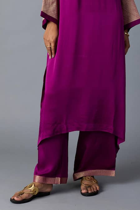 Vasstram_Purple Modal, Satin, Silk Zari Round Neck Rasna Banarasi Kurta With Pant _Online_at_Aza_Fashions