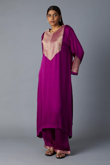 Buy_Vasstram_Purple Modal, Satin, Silk Zari Round Neck Rasna Banarasi Kurta With Pant _Online_at_Aza_Fashions