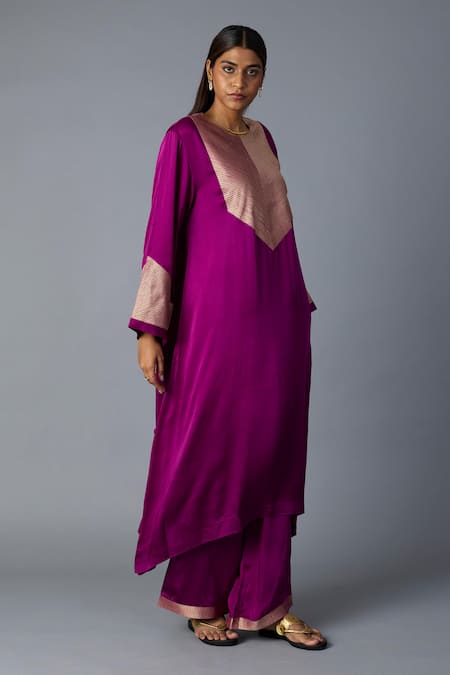 Shop_Vasstram_Purple Modal, Satin, Silk Zari Round Neck Rasna Banarasi Kurta With Pant _Online_at_Aza_Fashions