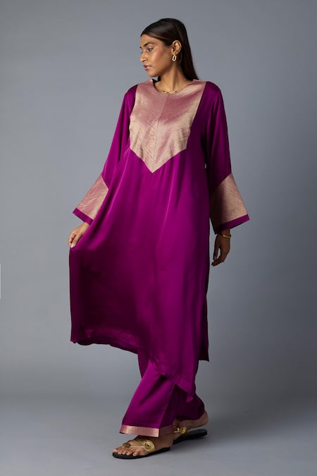 Vasstram_Purple Modal, Satin, Silk Zari Round Neck Rasna Banarasi Kurta With Pant _at_Aza_Fashions