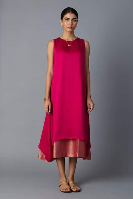 Vasstram_Pink Modal, Satin, Silk Zari Round Neck Chameli Striped Dress _Online_at_Aza_Fashions