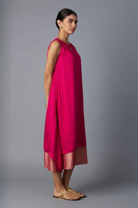 Buy_Vasstram_Pink Modal, Satin, Silk Zari Round Neck Chameli Striped Dress _Online_at_Aza_Fashions