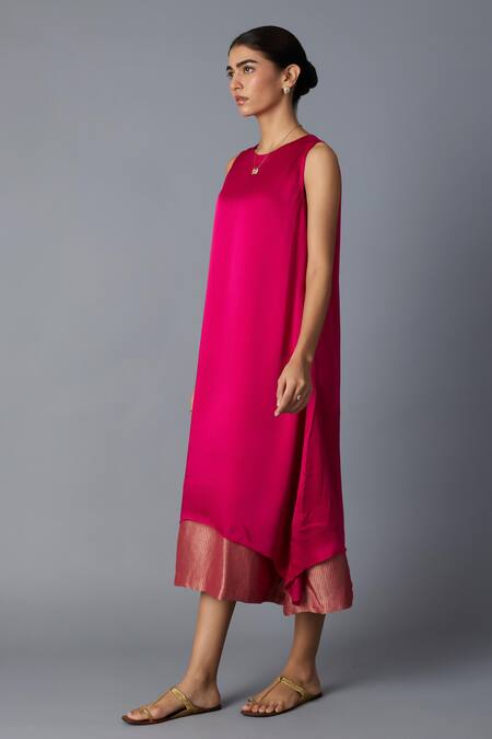 Shop_Vasstram_Pink Modal, Satin, Silk Zari Round Neck Chameli Striped Dress _Online_at_Aza_Fashions