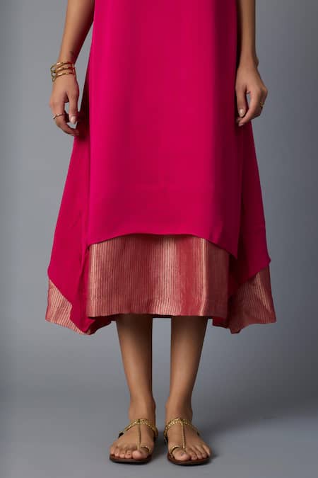 Vasstram_Pink Modal, Satin, Silk Zari Round Neck Chameli Striped Dress _at_Aza_Fashions