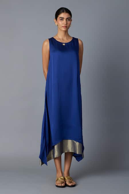 Vasstram_Blue Modal, Satin, Silk Zari Round Neck Chameli Striped Layered Dress _Online_at_Aza_Fashions