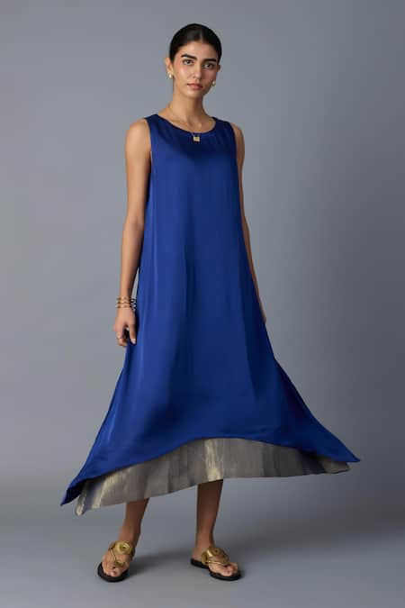 Buy_Vasstram_Blue Modal, Satin, Silk Zari Round Neck Chameli Striped Layered Dress _Online_at_Aza_Fashions