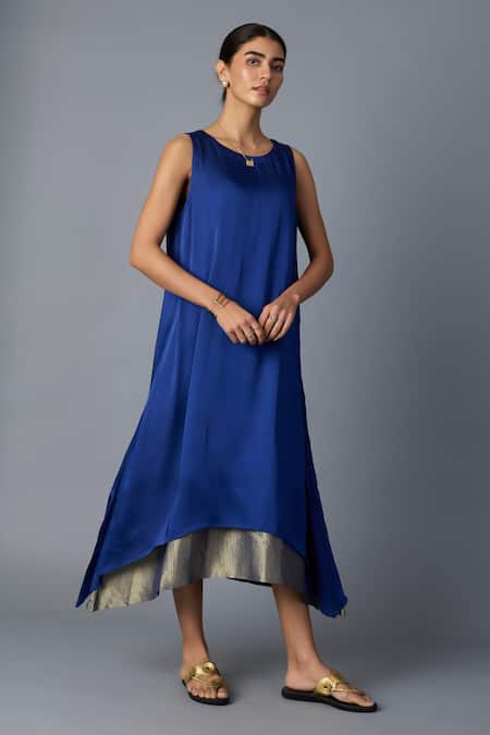 Shop_Vasstram_Blue Modal, Satin, Silk Zari Round Neck Chameli Striped Layered Dress _Online_at_Aza_Fashions