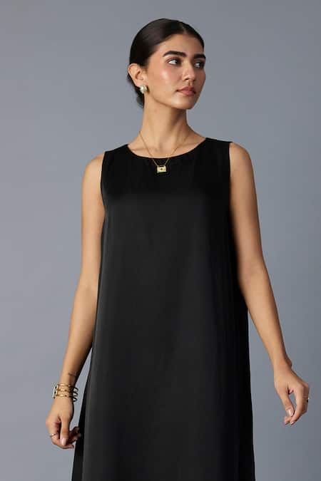 Vasstram_Black Modal, Satin, Silk Zari Round Neck Chameli Striped Dress _Online_at_Aza_Fashions