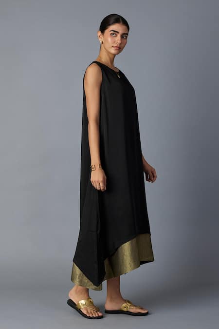 Buy_Vasstram_Black Modal, Satin, Silk Zari Round Neck Chameli Striped Dress _Online_at_Aza_Fashions