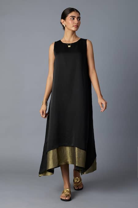 Shop_Vasstram_Black Modal, Satin, Silk Zari Round Neck Chameli Striped Dress _Online_at_Aza_Fashions