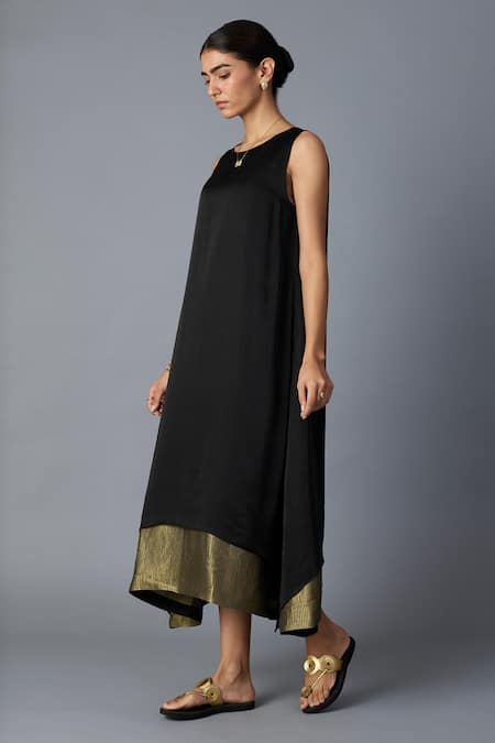 Vasstram_Black Modal, Satin, Silk Zari Round Neck Chameli Striped Dress _at_Aza_Fashions