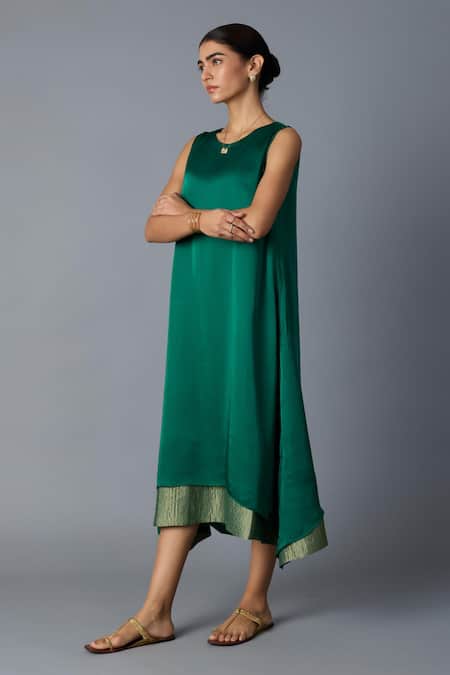 Vasstram_Green Modal, Satin, Silk Zari, Embroidery Halter Neck Chameli Dress _Online_at_Aza_Fashions