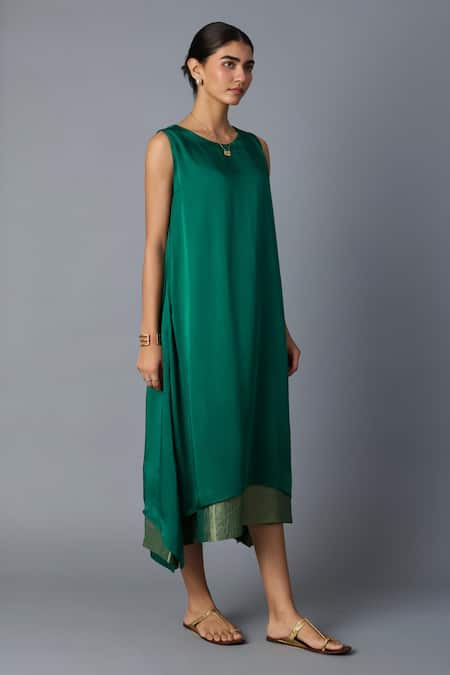 Buy_Vasstram_Green Modal, Satin, Silk Zari, Embroidery Halter Neck Chameli Dress _Online_at_Aza_Fashions