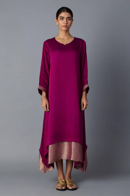 Vasstram_Purple Modal, Satin, Silk Zari Round Neck Chameli Striped Layered Dress _Online_at_Aza_Fashions