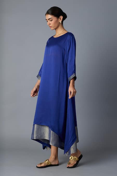 Vasstram_Blue Modal, Satin, Silk Zari, Embroidery Round Neck Chameli Layered Dress _Online_at_Aza_Fashions