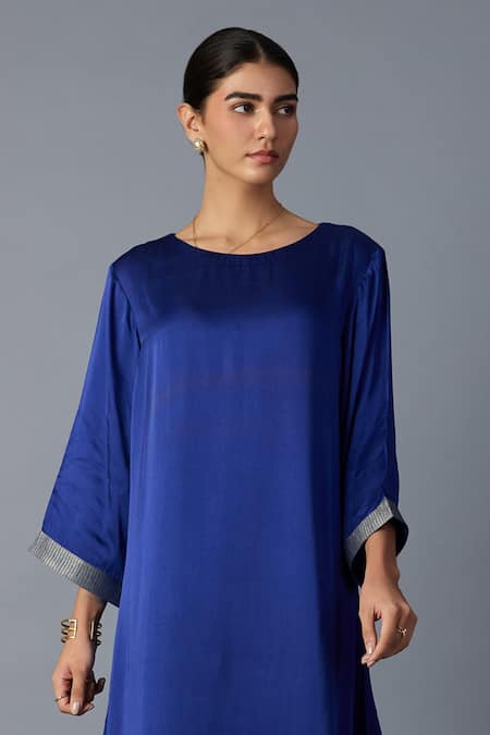 Shop_Vasstram_Blue Modal, Satin, Silk Zari, Embroidery Round Neck Chameli Layered Dress _Online_at_Aza_Fashions