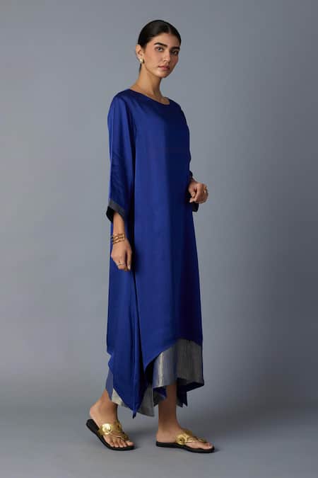 Vasstram_Blue Modal, Satin, Silk Zari, Embroidery Round Neck Chameli Layered Dress _at_Aza_Fashions