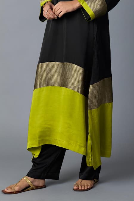 Shop_Vasstram_Black Modal, Satin, Silk Zari V-neck Heena Panelled Kaftan With Pant _Online_at_Aza_Fashions