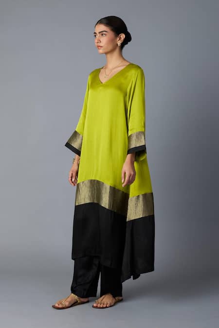 Vasstram_Lime Modal, Satin, Silk Zari V-neck Heena Panelled Kaftan With Pant _Online_at_Aza_Fashions