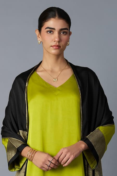 Buy_Vasstram_Lime Modal, Satin, Silk Zari V-neck Heena Panelled Kaftan With Pant _Online_at_Aza_Fashions
