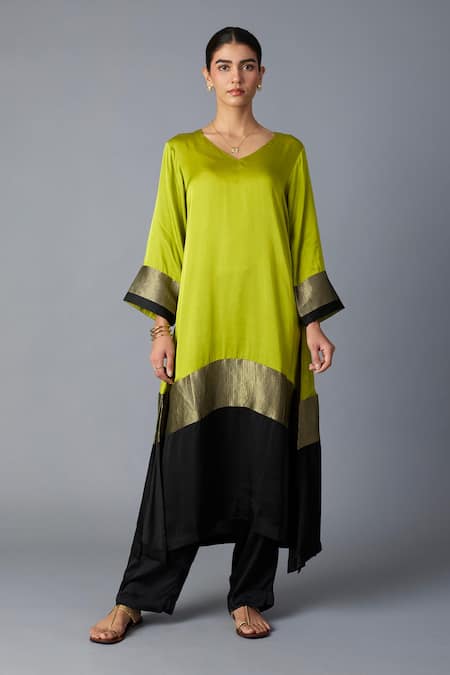Shop_Vasstram_Lime Modal, Satin, Silk Zari V-neck Heena Panelled Kaftan With Pant _Online_at_Aza_Fashions
