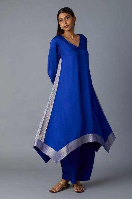 Vasstram_Blue Modal, Satin, Silk Zari V-neck Kamal Asymmetric Kurta And Pant Set _Online_at_Aza_Fashions